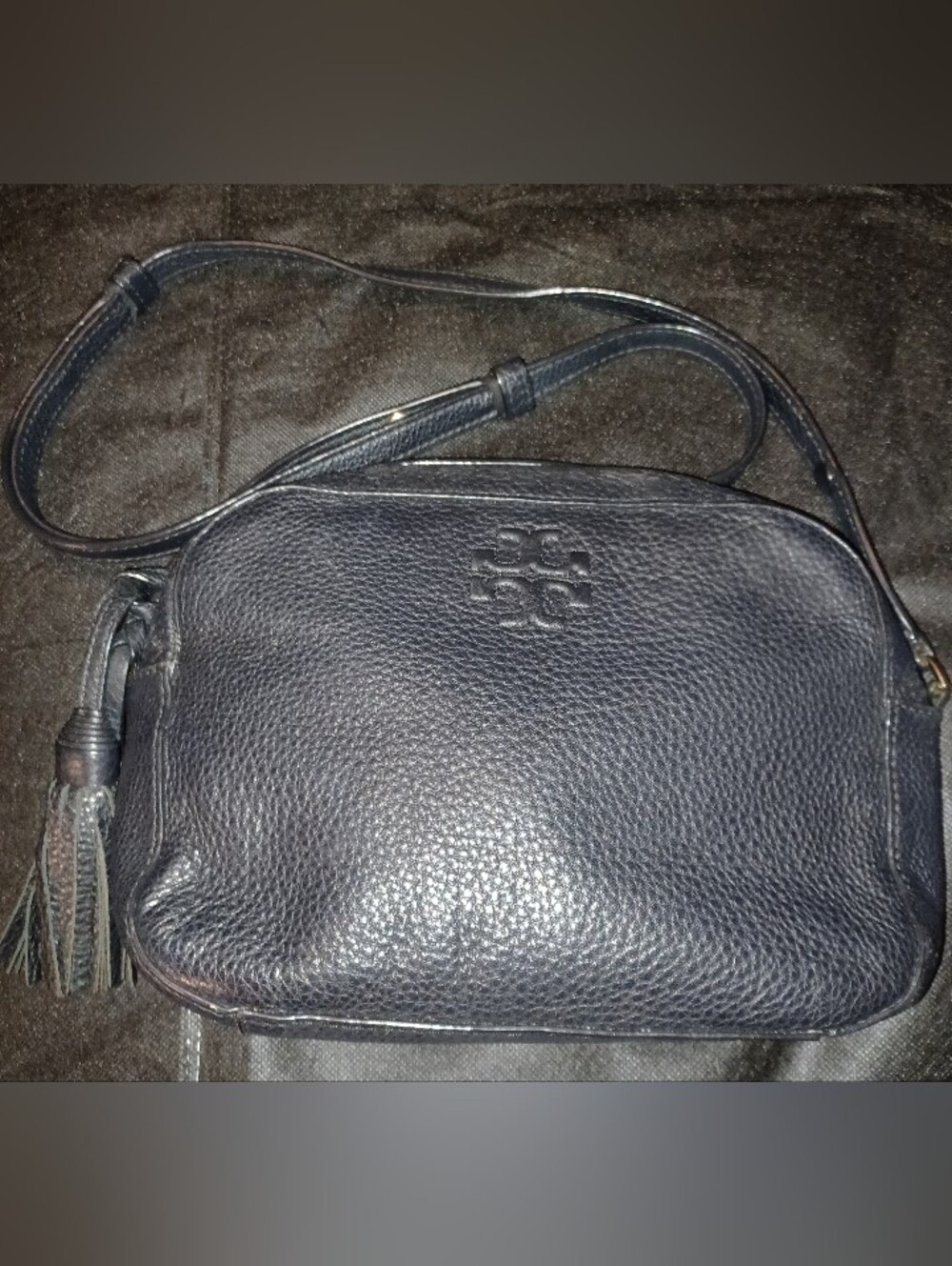 Tory Burch Black Thea Pebbled Leather Tassel Crossbody